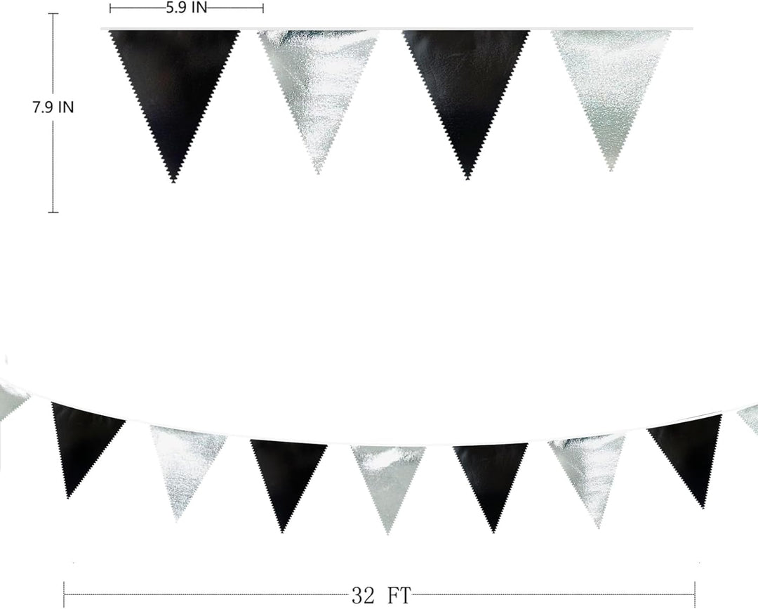 32Ft Schwarze und Silberne Partydekorationen Dreieckiges Wimpelbanner aus Metallischem Stoff Girland