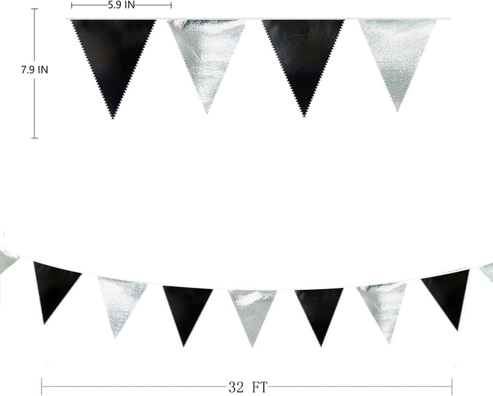 32Ft Schwarze und Silberne Partydekorationen Dreieckiges Wimpelbanner aus Metallischem Stoff Girland