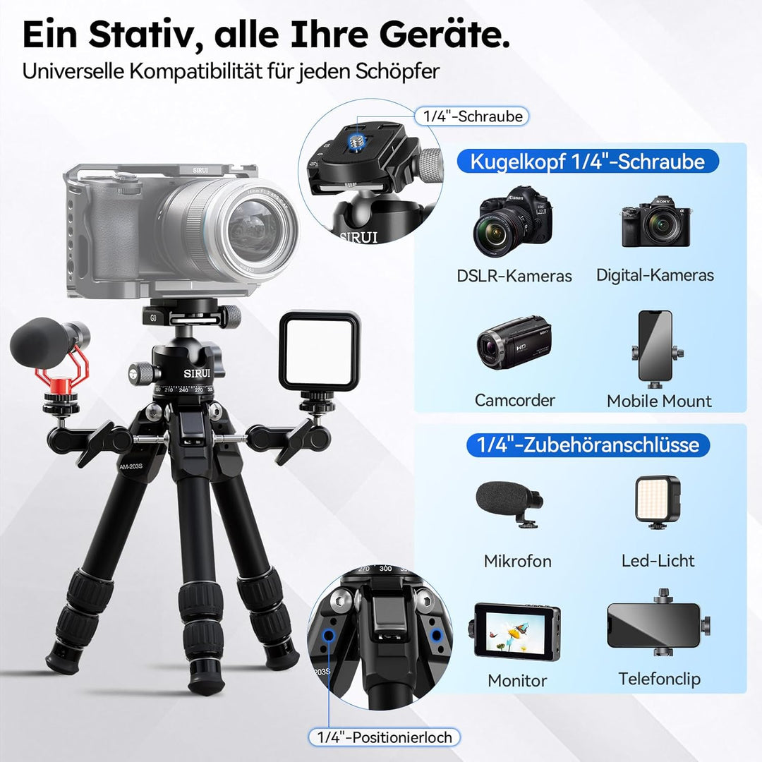 SIRUI AM-203S Mini-Stativ Aluminium Tischstativ mit Flacher Kugelkalotte, Klein mini Tripod Kompakt