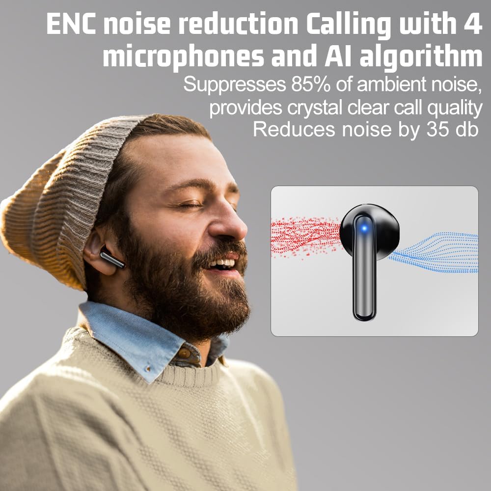 Kopfhörer Kabellos Bluetooth 5.4, In Ear mit 6 ENC Mikrofon Bluetooth Kopfhörer, 60 Std Stereo Kabel