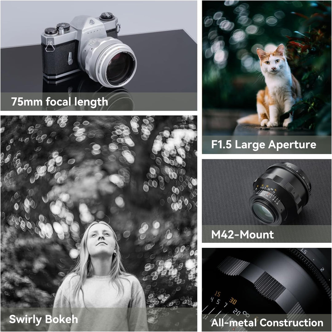 TTARTISAN 75 mm F1,5 Objektiv für M42 Mount Swirly Bokeh Vollformat Manueller Fokus Prime Objektive
