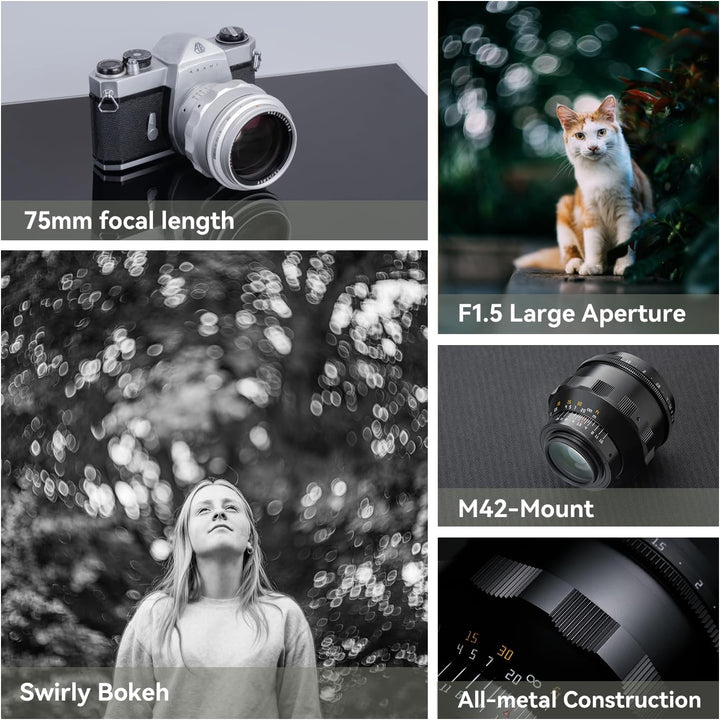 TTARTISAN 75 mm F1,5 Objektiv für M42 Mount Swirly Bokeh Vollformat Manueller Fokus Prime Objektive