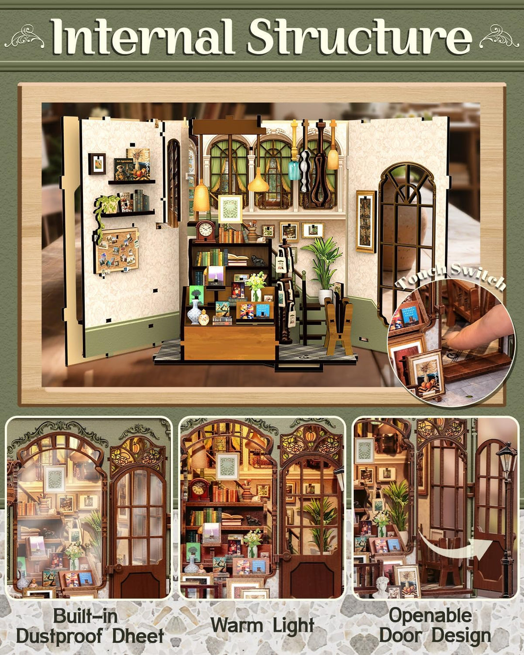 CUTEBEE Book Nook Kit - DIY Holz-Miniaturhaus (Buchladen-Szene) mit LED-Beleuchtung, 3D Puzzle für B