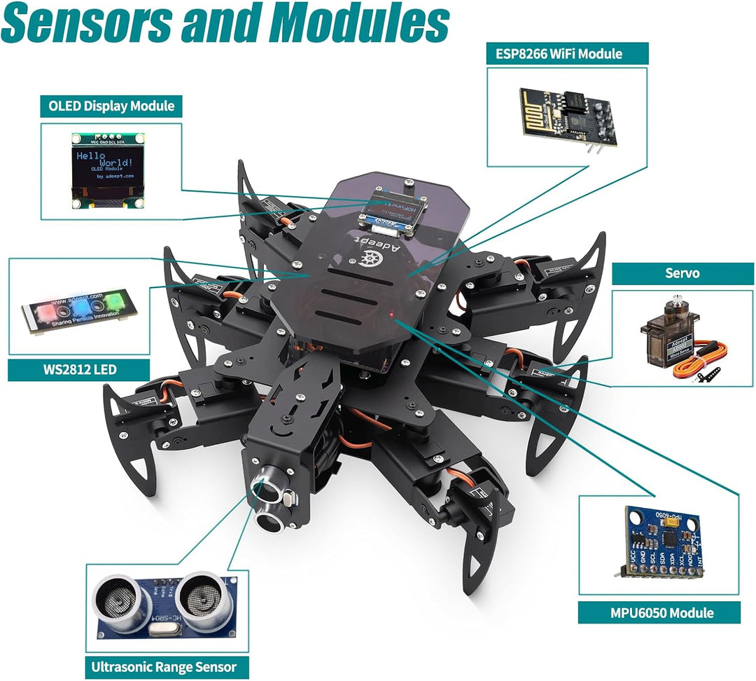 Adeept Hexapod Spider Robot Kit Compatible with Arduino, Spider Walking Crawling Robot, Programming