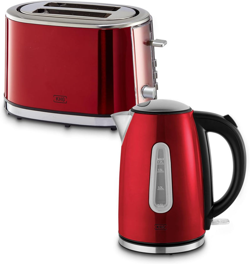 KHG Frühstücksset aus Wasserkocher & Toaster in Rot, Edelstahl Metallic Chrom, 1,7l Kapazität & 2 To