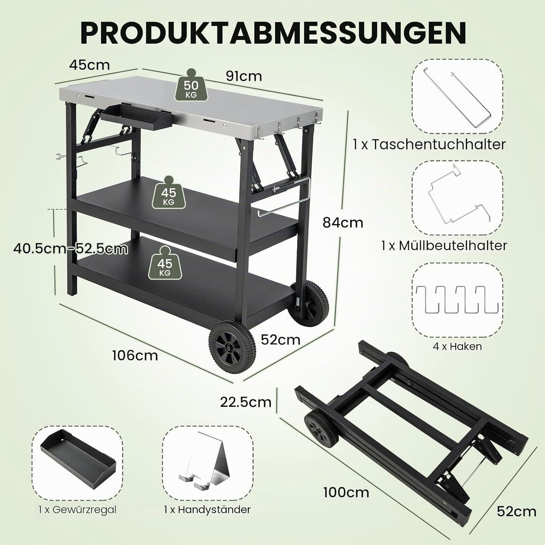 KOMFOTTEU Grillwagen klappbar, Grilltisch mit Edelstahl Arbeitsplatte, Outdoor Rollwagen mit 2 Rolle