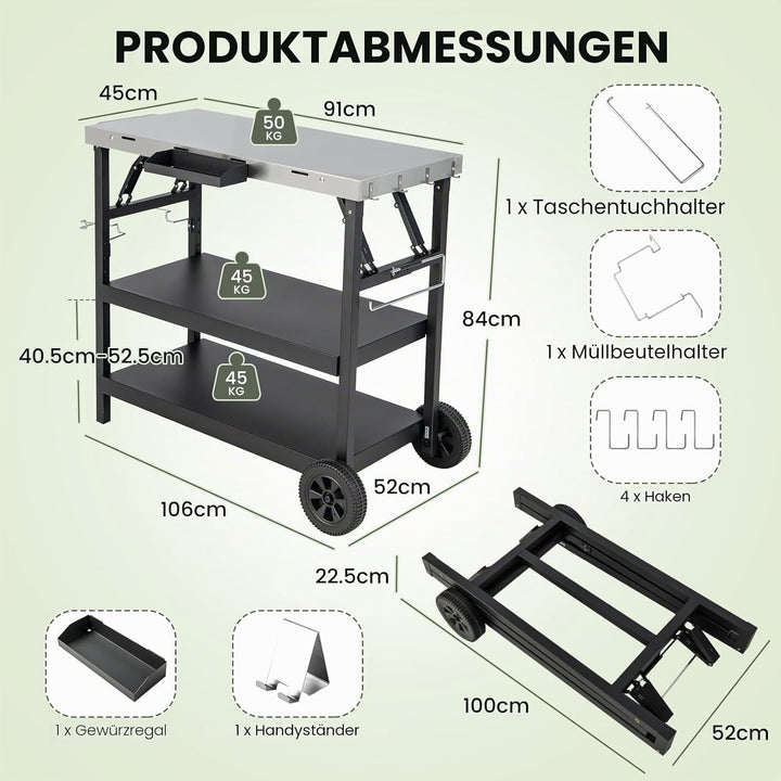 KOMFOTTEU Grillwagen klappbar, Grilltisch mit Edelstahl Arbeitsplatte, Outdoor Rollwagen mit 2 Rolle