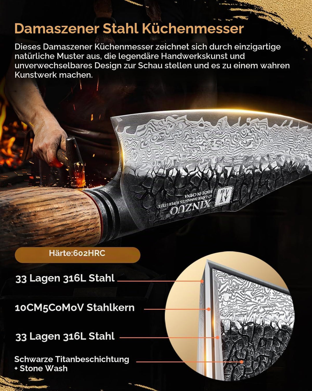 XINZUO 25,8cm Damaststahl Kochmesser Handgeschmiedet 67 Schichten Damastmesser -Profi Scharfe Küchen
