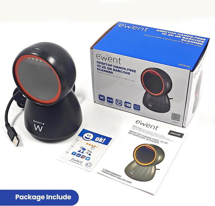 Ewent 2D Barcode Scanner mit USB, QR Code und 1D/2D Barcodescanner, Omnidirektionaler Handscanner mi