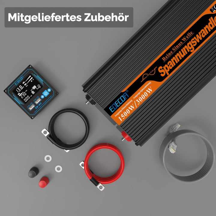 EDECOA Wechselrichter 1500W Reiner Sinus – 12V auf 230V mit ECO-Modus, Bluetooth & App für Auto, Woh