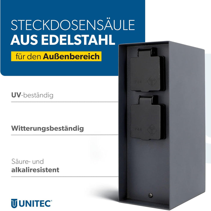 UNITEC Steckdosenverteiler für den Garten, Steckdosensäule mit Zeitschaltuhr, Aussensteckdose, Edels
