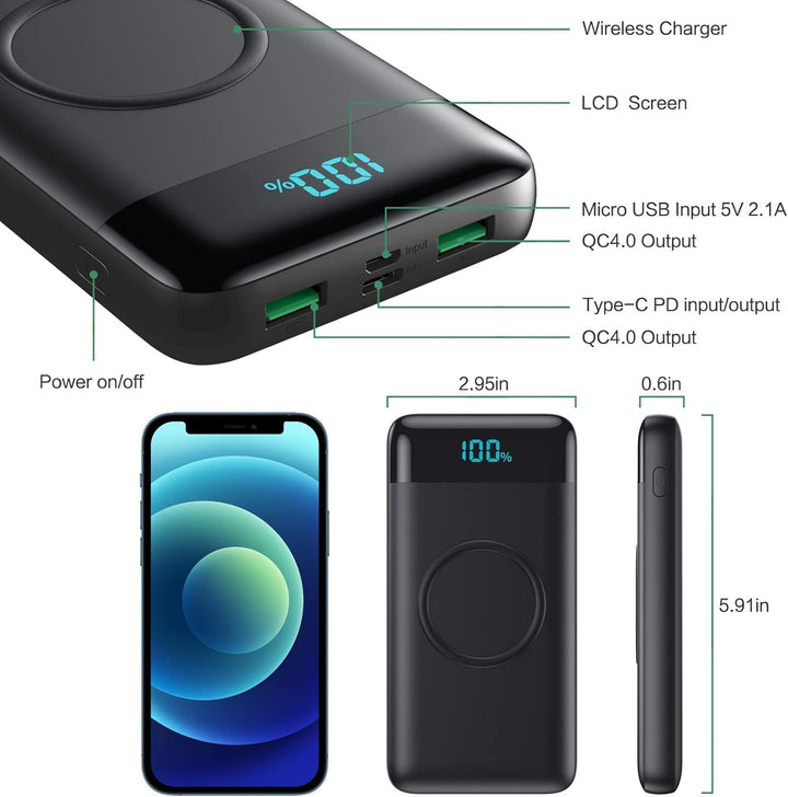 Wireless Powerbank Schnellladen 26800mAh, Power Bank 25W PD3.0+QC4.0, 15W Wireless Charger Powerbank