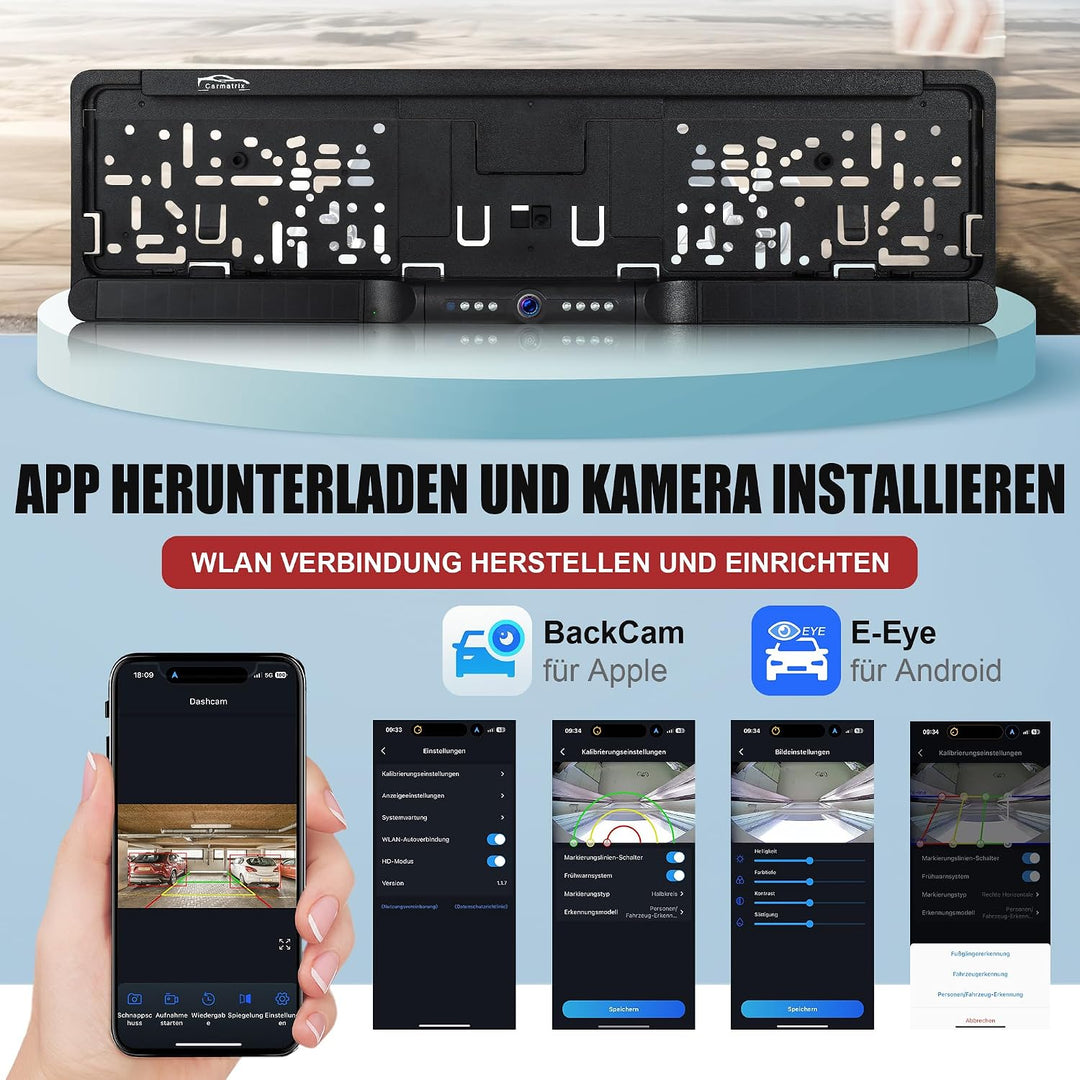 Solar Rückfahrkamera im Kennzeichenhalter für EU &amp; Österreich mit WLAN Funk | Rückfahrsystem mit App