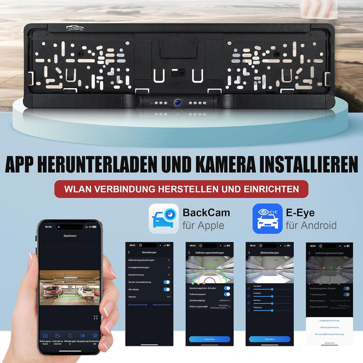 Solar Rückfahrkamera im Kennzeichenhalter für EU &amp; Österreich mit WLAN Funk | Rückfahrsystem mit App