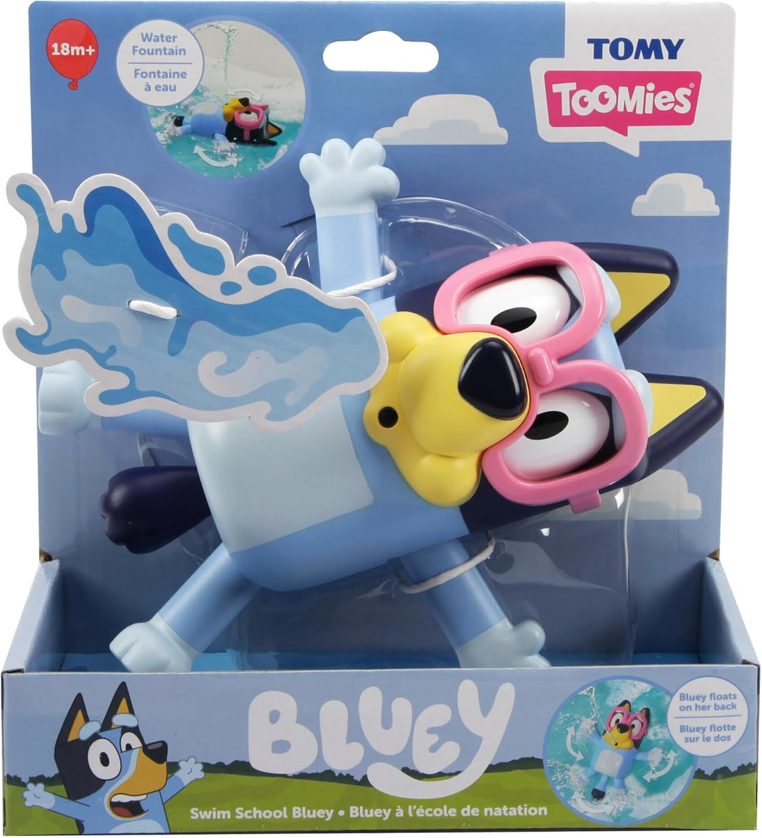 Toomies Swim School Bluey Badespielzeug, Schwimmende Wasserfontäne Bluey, Zieh-den-Schwanz Wasserspr