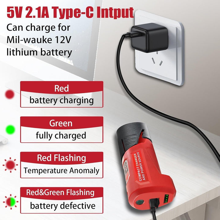 M12 Akku Ladegerät mit Typ-C Anschluss & DC 12V Ausgang, Ersatz-Netzteil für Milwaukee M12 12V Akku