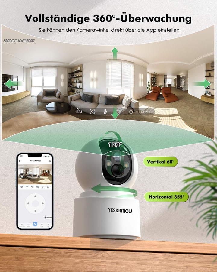 2,5K 4MP Überwachungskamera Innen Akku, 360° WLAN innenkamera mit akku, 2,4/5 GHz WiFi, 360° Kamera