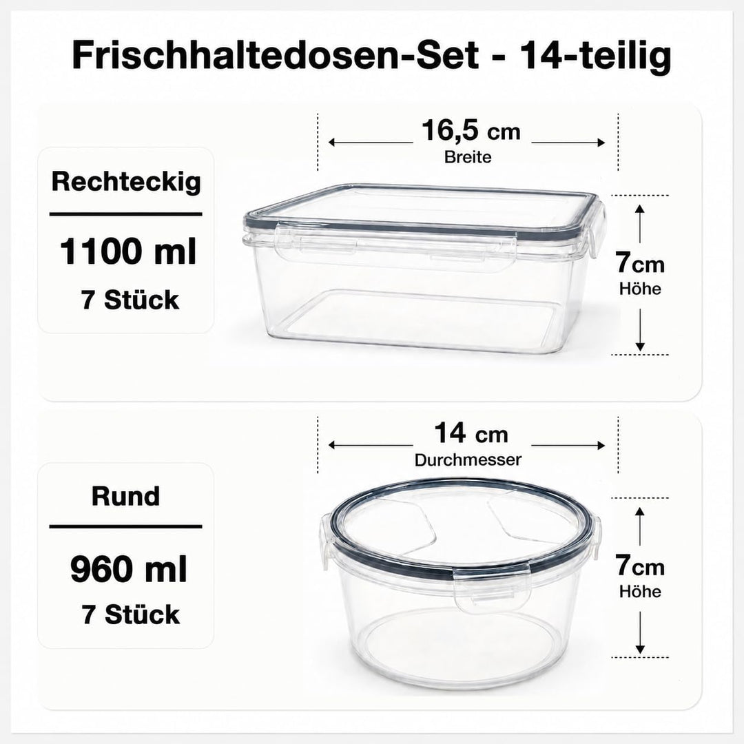 Haushaltszauber® Frischhaltedosen Set – 14-teilig (7 rechteckige 1,10 L &amp; 7 runde 0,96 L) | Luftdich
