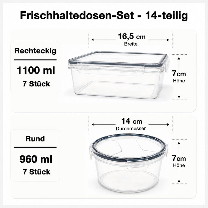 Haushaltszauber® Frischhaltedosen Set – 14-teilig (7 rechteckige 1,10 L &amp; 7 runde 0,96 L) | Luftdich