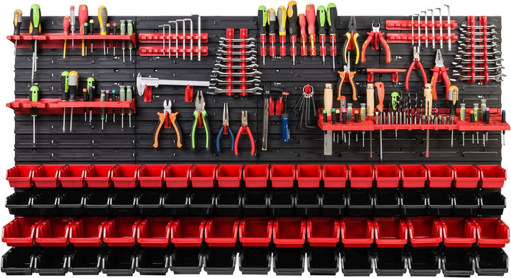 Lagersystem Werkstattregal | 156 x 78 cm | 68 stck. Box | Wandregal mit Werkzeughalterungen und Stap