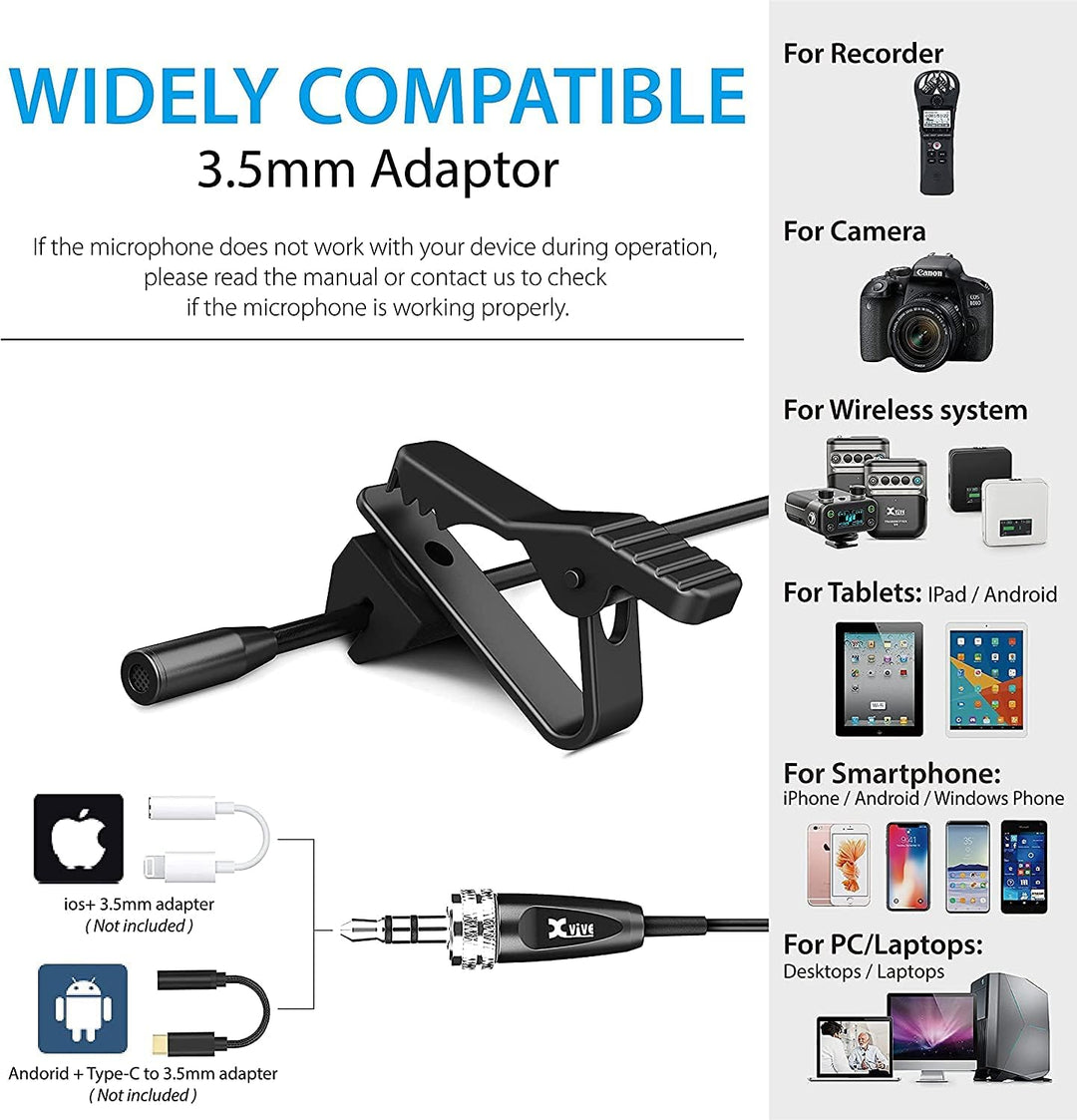 Xvive LV2 Miniatur Omnidirektionales Lavalier-Mikrofon für Wireless Go II, kabelloser Sender, Rekord