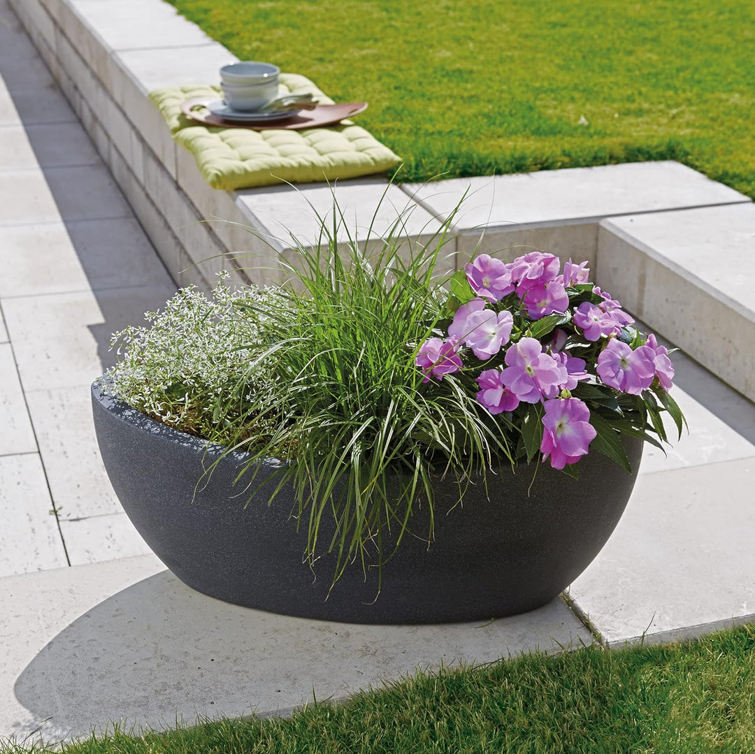 Scheurich Wave Globe Jardiniere, ovale Pflanzschale aus Kunststoff, Schwarz-Granit, 58 cm lang, 24 c
