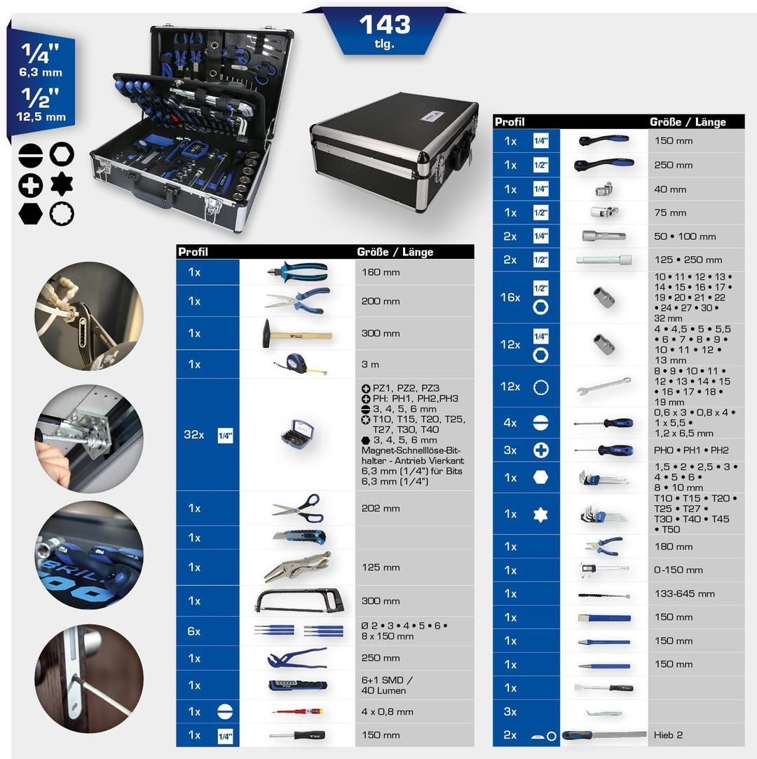 BRILLIANT TOOLS BT024143 1/4" + 1/2" Universal-Werkzeug-Satz, 143-tlg [Powered by KS TOOLS] 143-tlg.