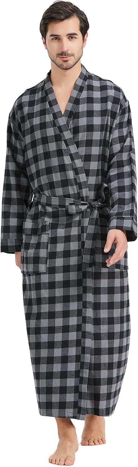 FashGudim Herren Buffalo-Karo 100% Baumwollflanell Bademantel mit Schalkragen Leichter, langer Morge