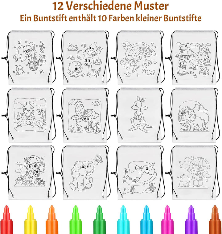 Tigvio Stoffbeutel zum Bemalen für Kinder, 12 Stück Taschen zum Bemalen für Kinder und 12 Stück Stap
