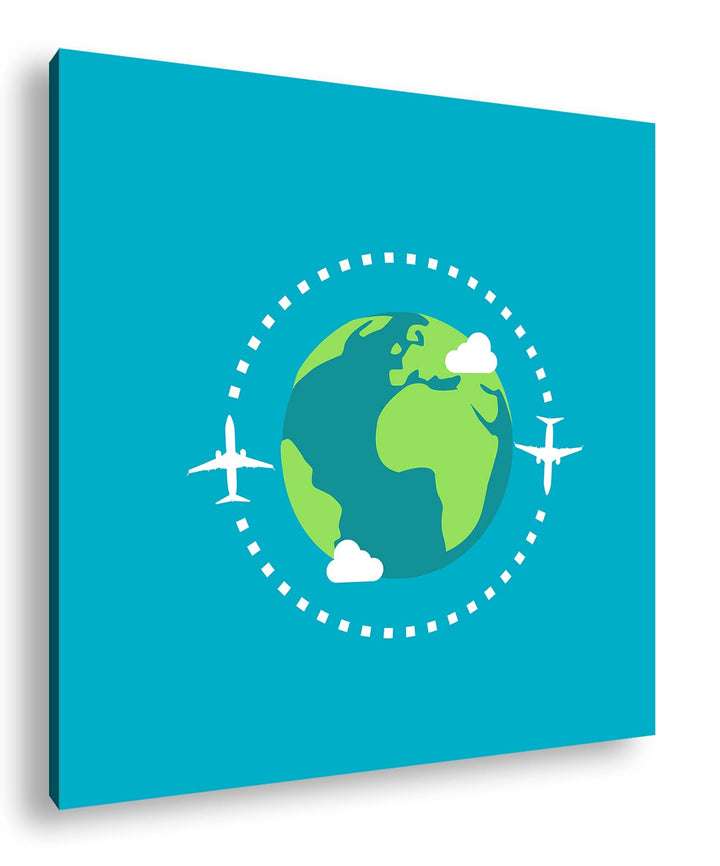 Flugzeug um die Erde Logo Format: 60x60 als Leinwandbild, Motiv fertig gerahmt auf Echtholzrahmen, H