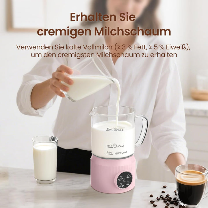 Milchaufschäumer Elektrisch 4 in 1, Automatischer Milchwärmer Milchschäumer für heiss und kalt, Glas