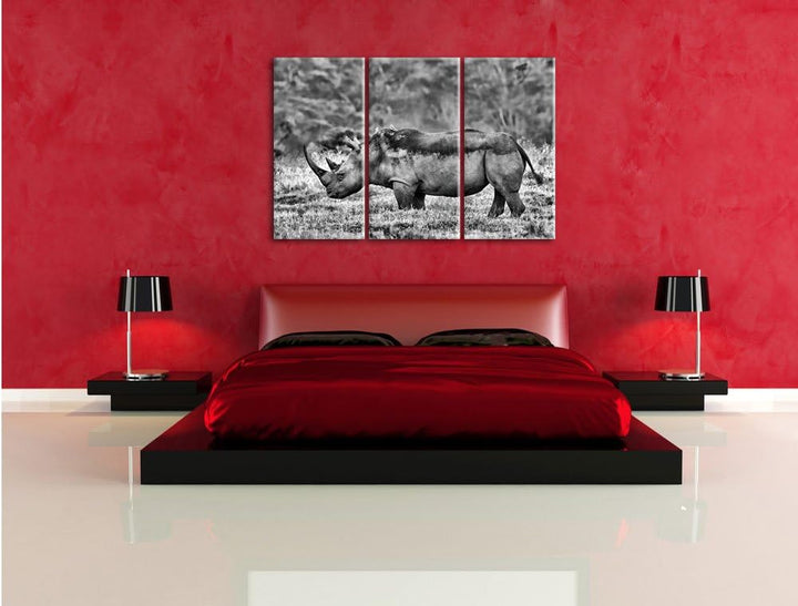 Pixxprint grosses Nashorn in der Savanne als Leinwandbild/Grösse: 3 Teilig (120x80) cm/Wandbild/Kuns