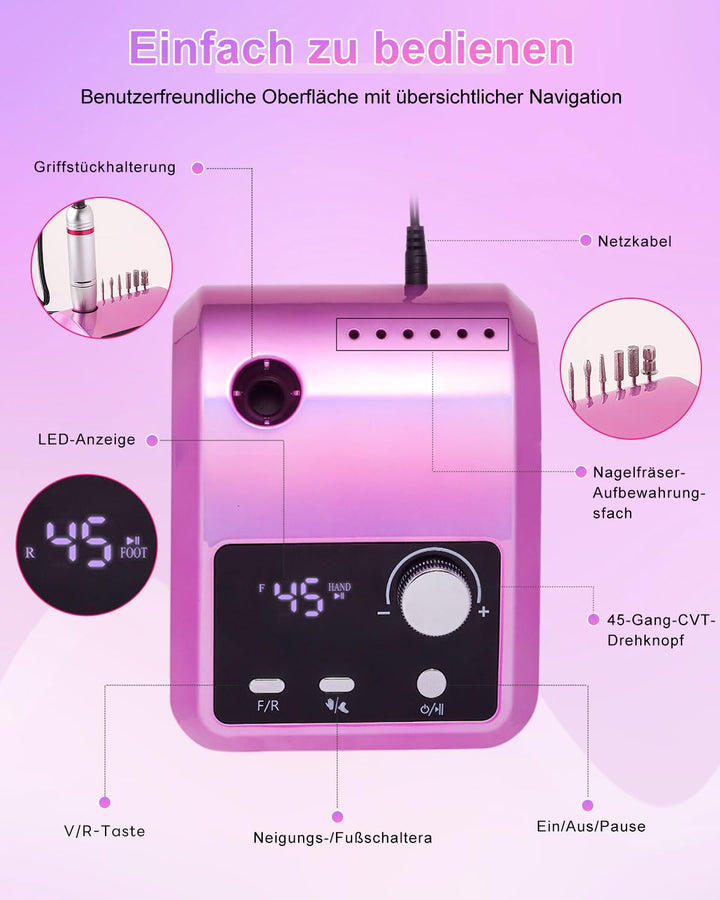 CozyZen Elektrische Nagelfräser Professional: 45000 U/min Nagelpflege-Kit mit LCD-Display, Hand- & F