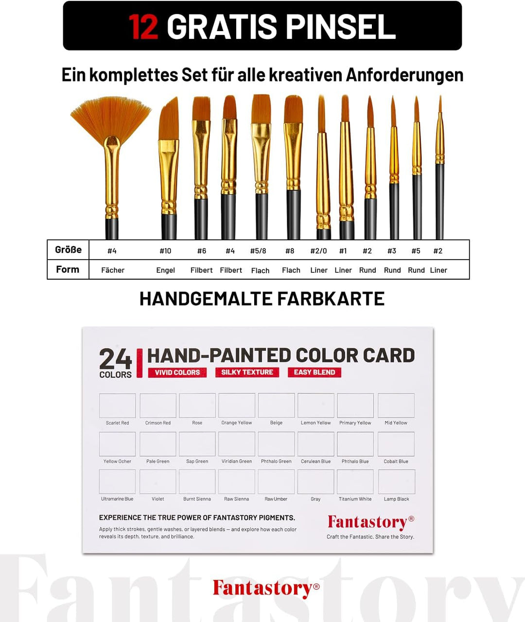 Fantastory Acrylfarben Set 24x 60ml,12 Pinsel;Exzellente Deckkraft,hohe Lichtechtheit,wasserfest Acr