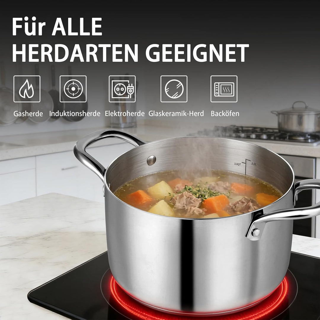 Estmoon Kochtopf 20 cm 3,6L, Edelstahltopf mit Glasdeckel, für alle Herdarten geeignet, auch Indukti