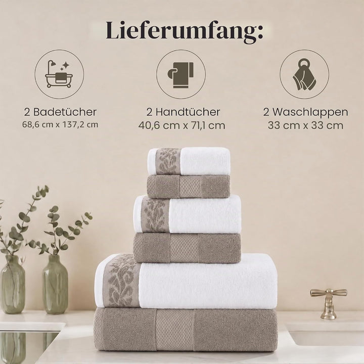 Modern Threads 600 g/m² Handtuch-Set mit Filgree Jacquard Bordüre Taupe Standard Taupe, Standard Tau