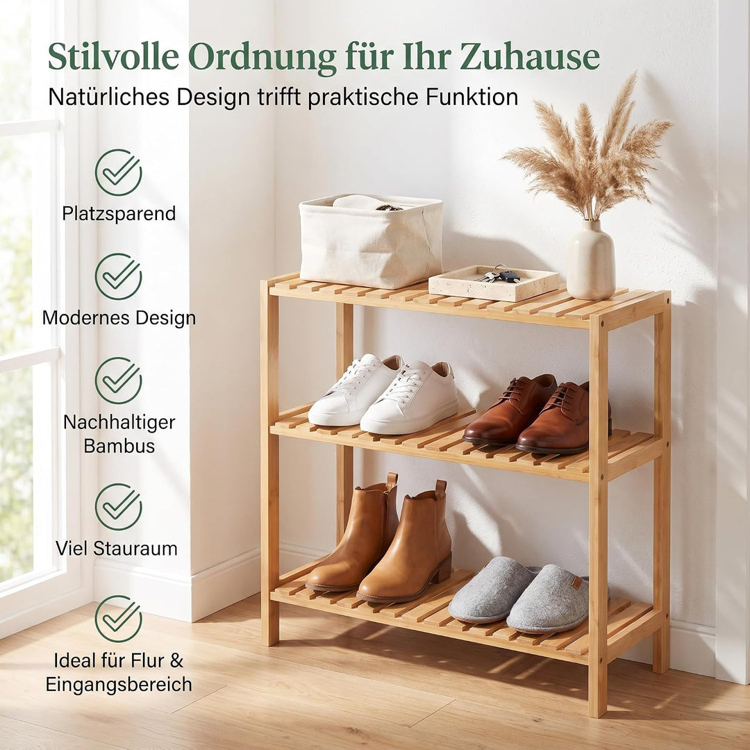 hausleben Bambus Schuhregal, 3 Ebenen, 70x28x50 cm, Naturholz Standregal | Umweltfreundlich &amp; Stabil