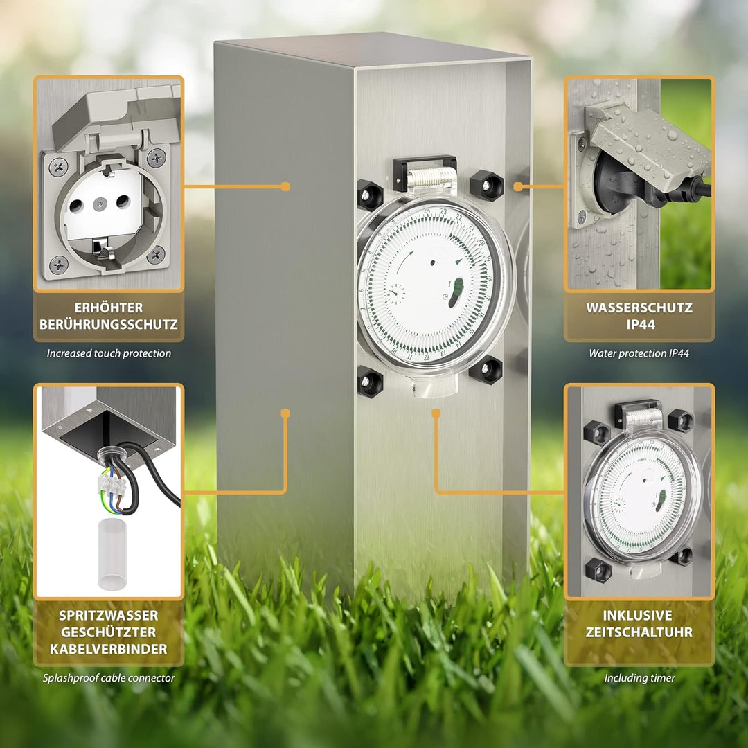 ledscom.de Garten Steckdosensäule POMI für aussen, IP44, Timer/Zeitschaltuhr, 2-Fach, Edelstahl, eck