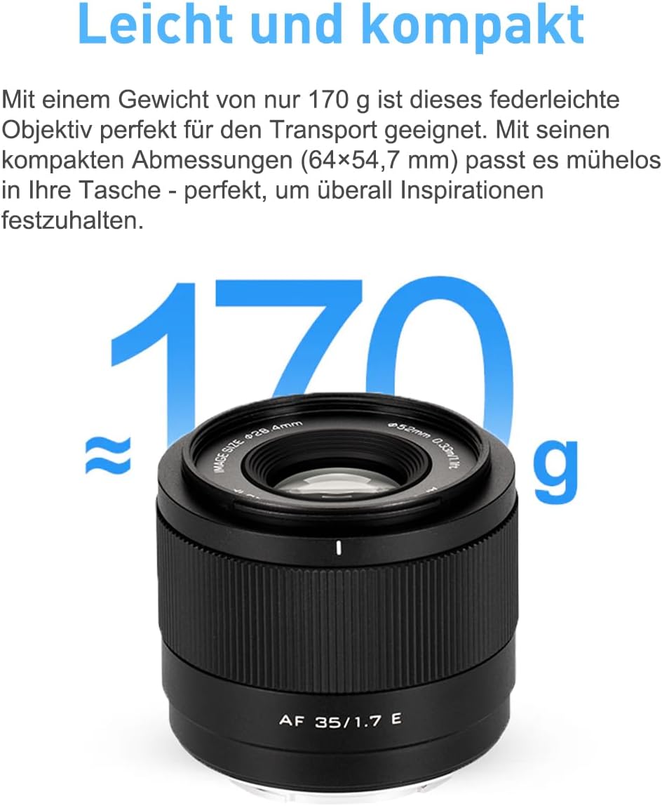 VILTROX 35mm F1.7 E Mount APS-C Autofokus Objektiv Festbrennweite | AF 35mm f/1.7 FE Objektiv mit Gr