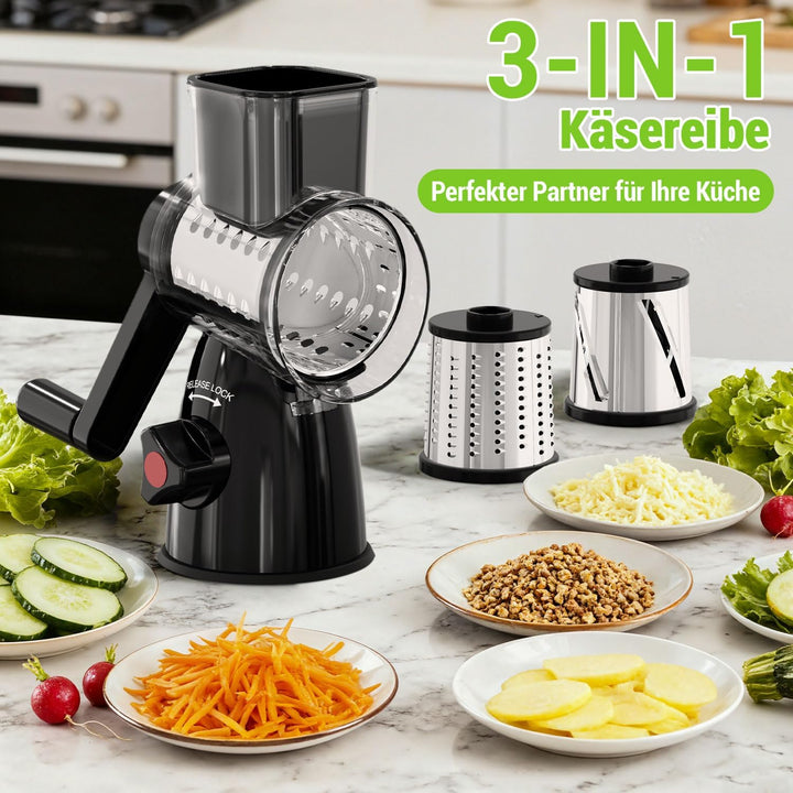 Käsereibe mit Kurbel, Mandoline Gemüsehobel mit 3 Edelstahl Austauschbaren Trommelblättern, Gemüsere