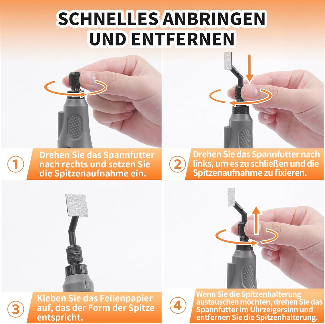 Hubschleifer, variable Drehzahl und USB-Aufladung mit LED-Licht, Stiftschleifer mit 6 Schleifköpfen,
