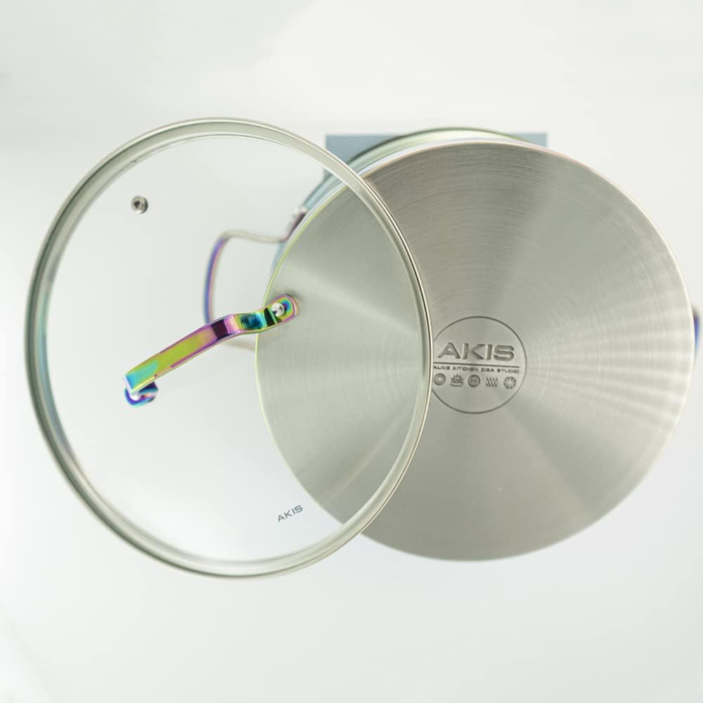 AKIS Dazzling Regenbogen Edelstahl 6 teilig Pfanne Topfset 1 Kochtopf, 1 Pfanne, 1 Stieltopf mit 3 G
