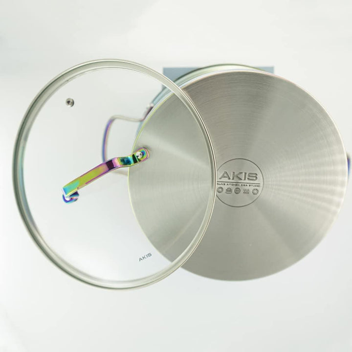 AKIS Dazzling Regenbogen Edelstahl 6 teilig Pfanne Topfset 1 Kochtopf, 1 Pfanne, 1 Stieltopf mit 3 G