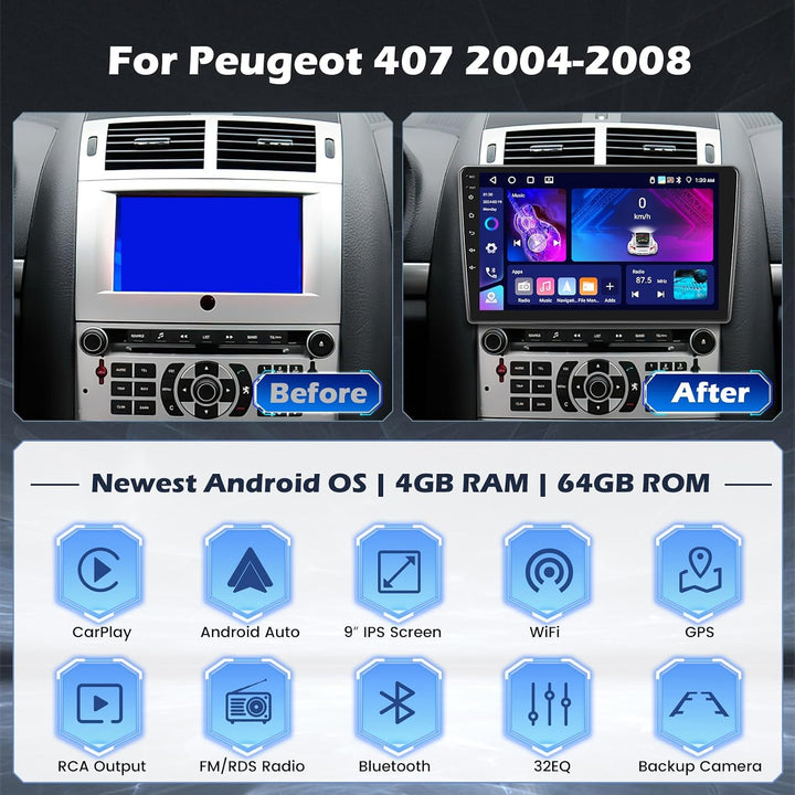 Hikity 4G+64G Android 15 Autoradio für Peugeot 407 2004-2008 9 Zoll | Wireless CarPlay, Android Auto