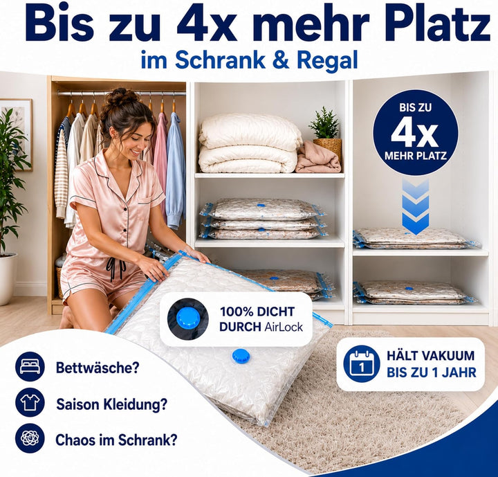 Vakuumbeutel mit Pumpe – 6er Set XXL 100x80 cm, elektrische Vakuumpumpe für Kleidung & Bettdecken |