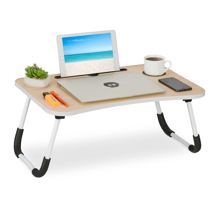 Relaxdays Laptoptisch für Couch, klappbar, Tablethalter, Getränkehalter, Betttisch, HxBxT: 26 x 63 x