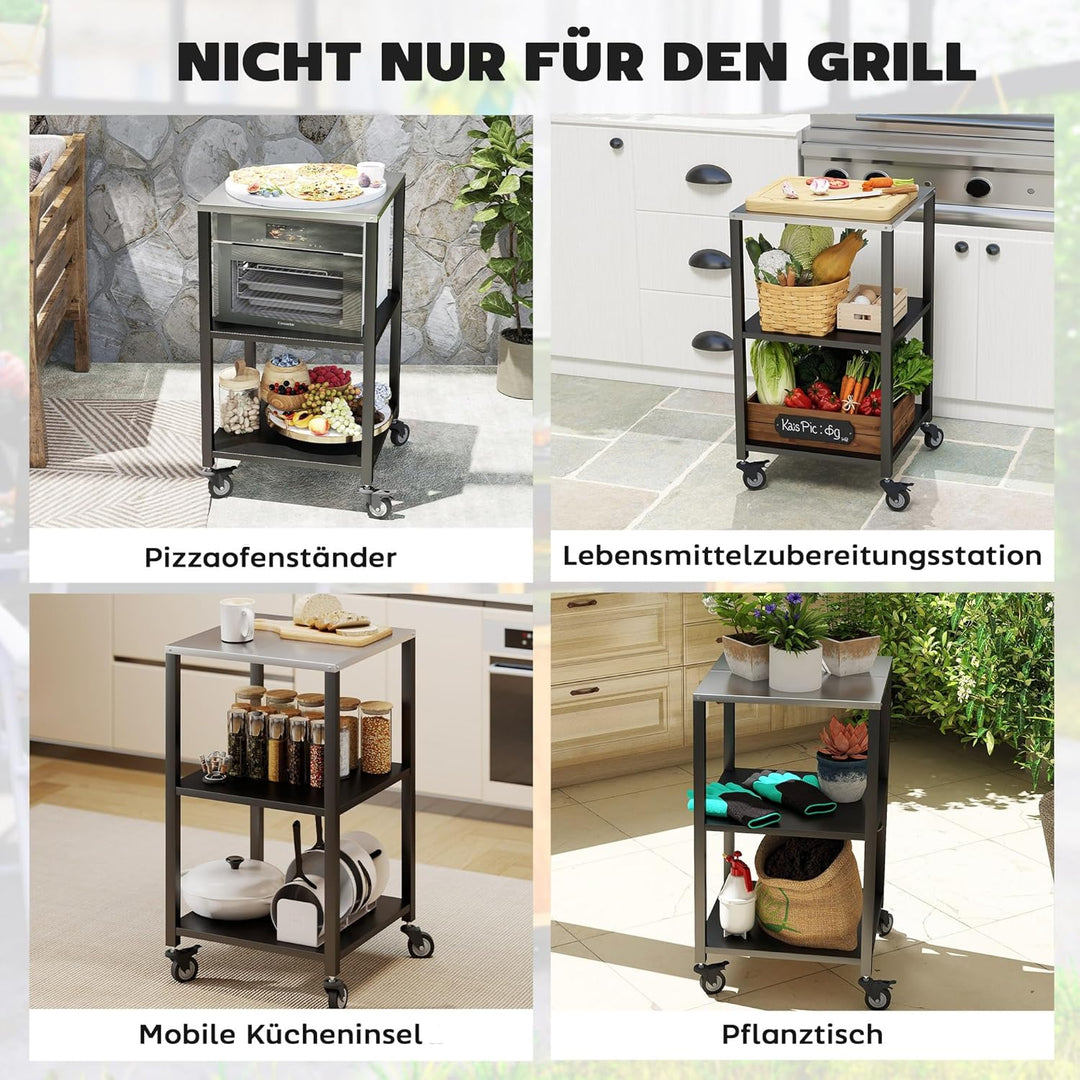 Outsunny Grillwagen 3-Etagen Grilltisch mit Edelstahl Arbeitsfläche Rollen mobiler Servierwagen Outd