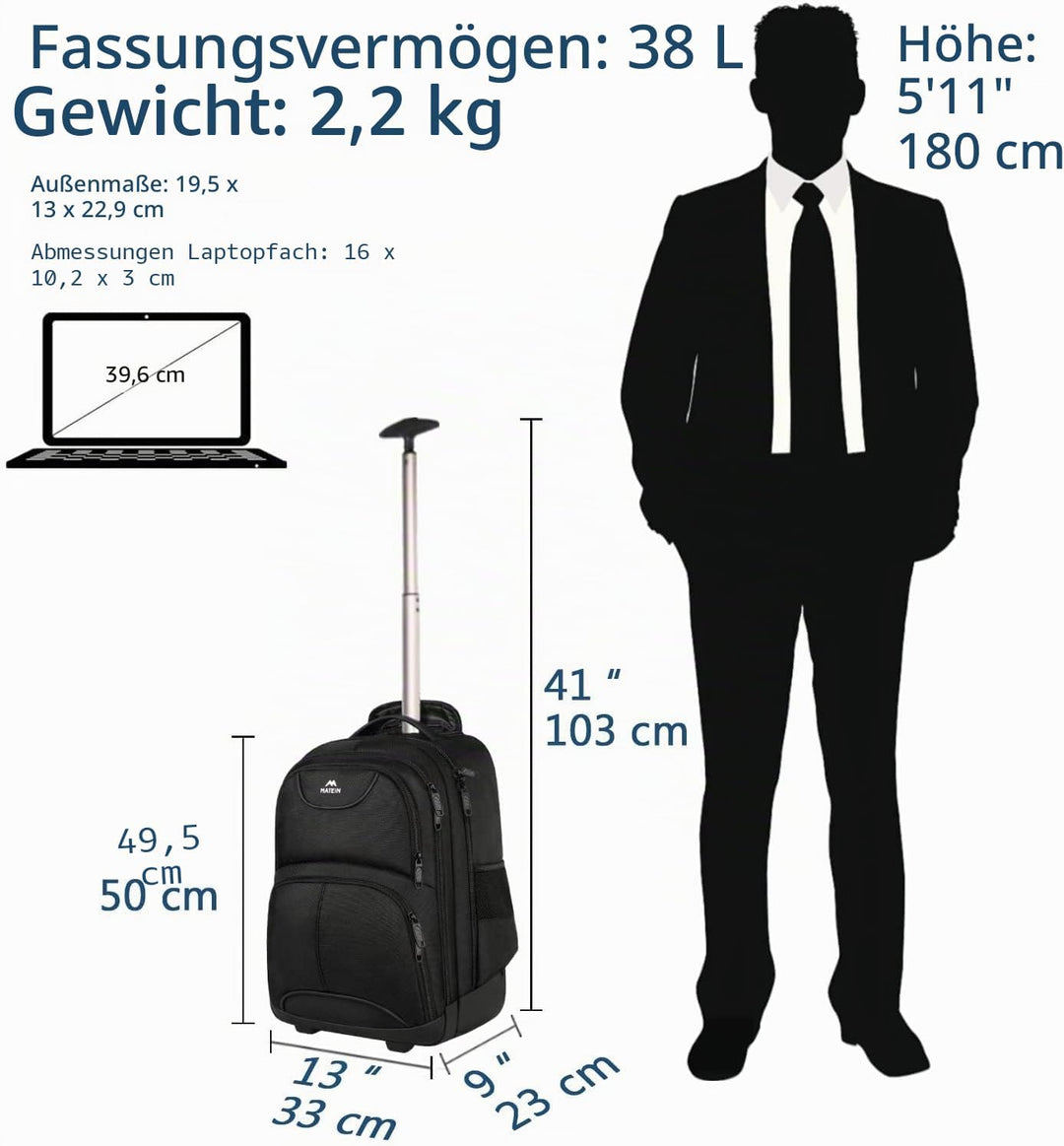 MATEIN Laptop Trolley Rucksack, 15,6 Zoll Laptop Rucksack Handgepäck Rucksack Trolley Laptoptasche L