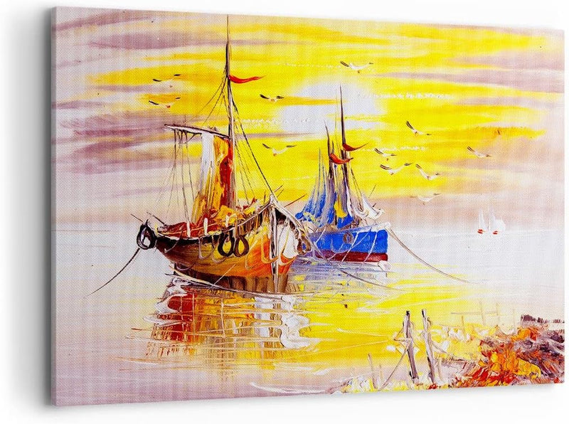 Bilder auf Leinwand 100x70cm Leinwandbild Boote Sonne Meer Reisen Gross Wanddeko Bild Schlafzimmer K