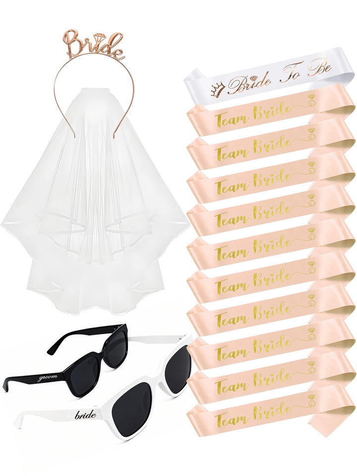 Hen Party Dekorationen Anzug Brautschleier mit Stirnband Sash Brautsdusche Zubehör Brautjungfern Gef